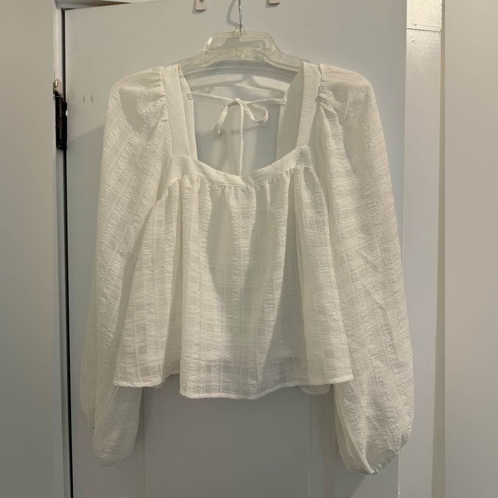White flowy crop top, long sleeves, gingham pattern, large, square neckline